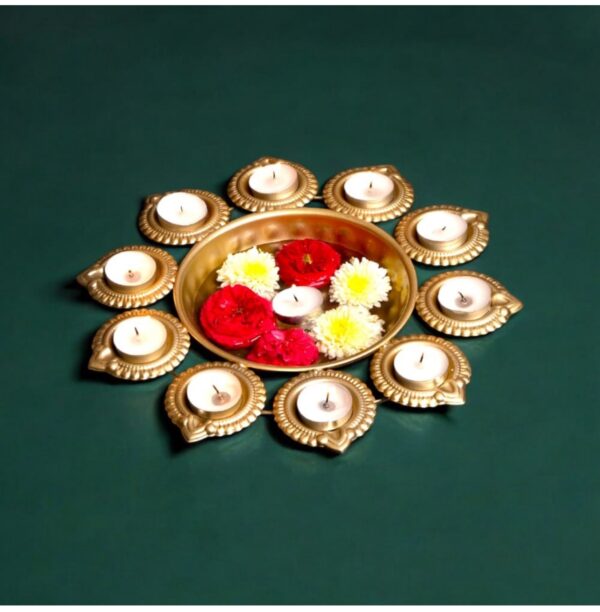Urli- Golden Deep Diya Jot flower design Urli - Image 4