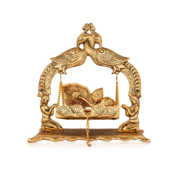 Gold Polish & Double Peacock Design Palana is a stunning handcrafted Gokulashtami palna with an elegant gold polish finish and intricate peacock detailing. Measuring 11.5 x 11 inches and weighing 880 Gms approx, this palna is a perfect devotional addition to your Rakhi set. Available online, it’s ideal for Janamshatmi and Janam Ashtmi vran celebrations.