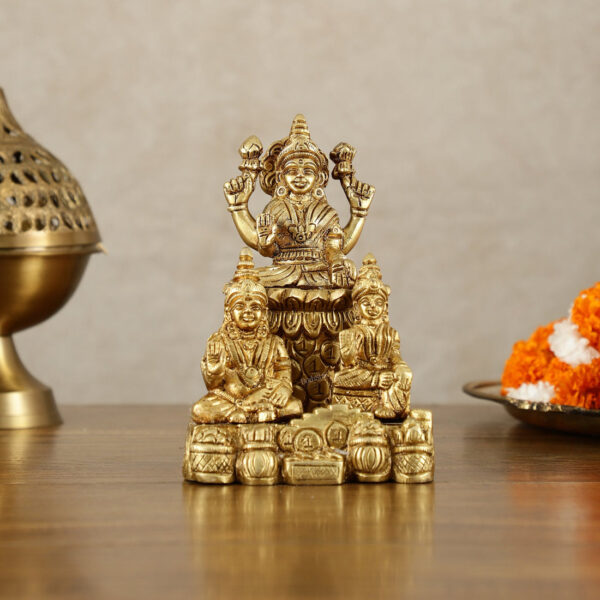 Brass Handcrafted Lord Kuber with Goddess Lakshmi and Chitralekha Idol for Pooja - Image 3
