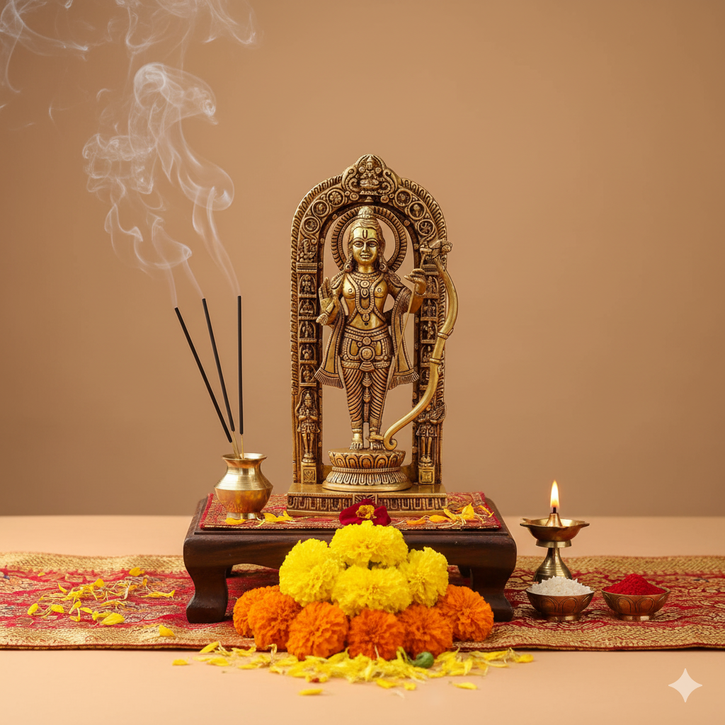 Pure Brass Lord Rama Idol – Hindu God Ram Statue for Home Mandir, Pooja Room, Spiritual Gift, Religious Decor, Festival Worship, Ram Navami Idol 7 inches